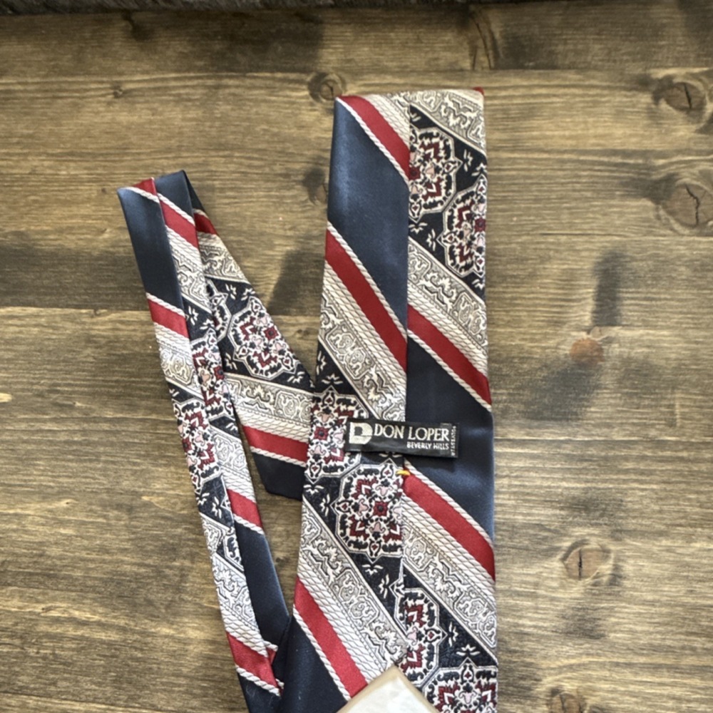 Vintage Don Loper Silk Men's Tie: Navy, Red, Silver, White Geometric Striped